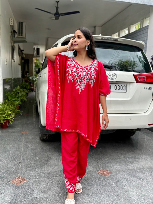 Red Tilla Embroidered Kaftan Set