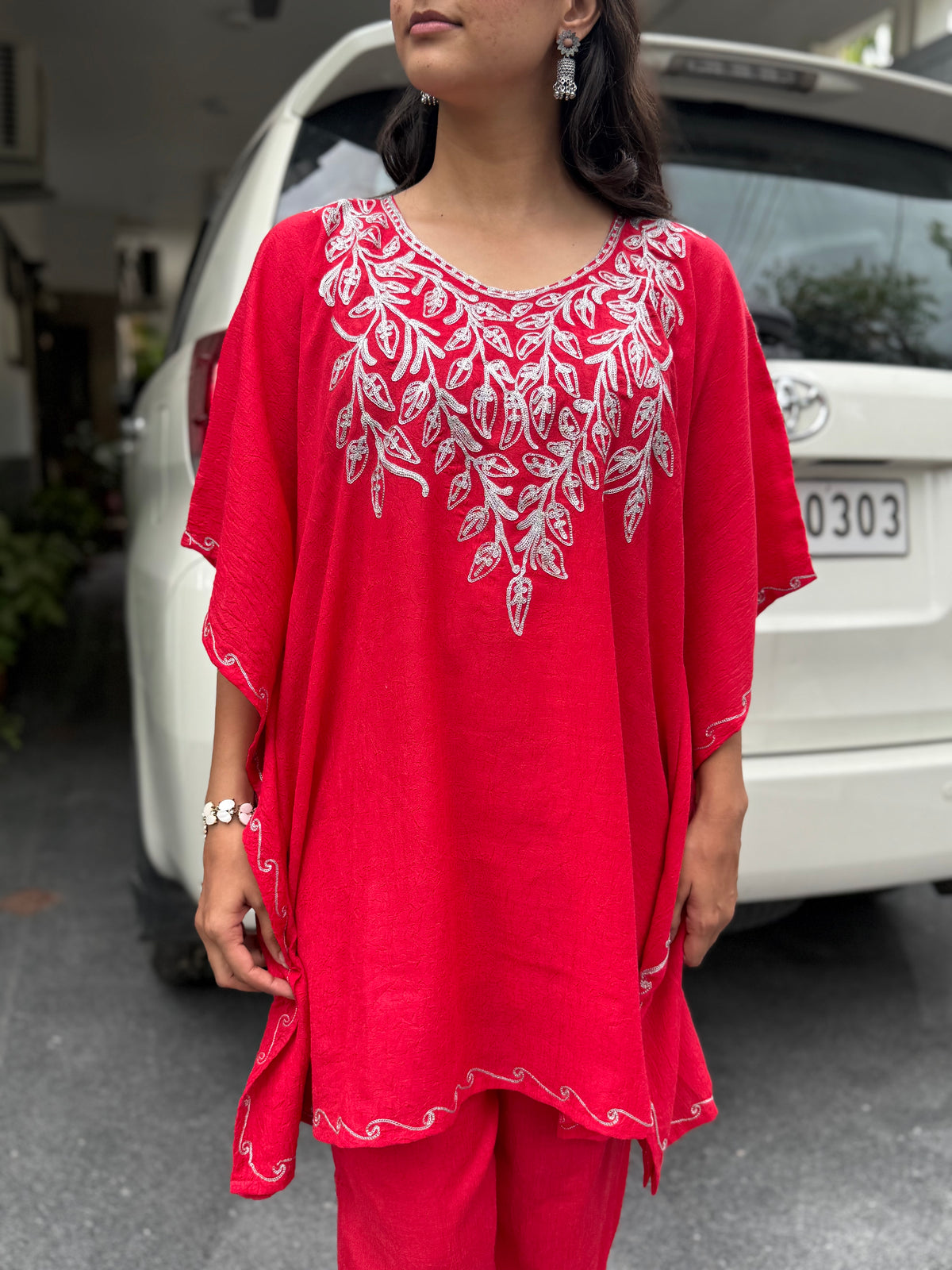 Red Tilla Embroidered Kaftan Set