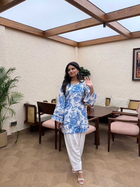 Floral Blue-White Kurta Set