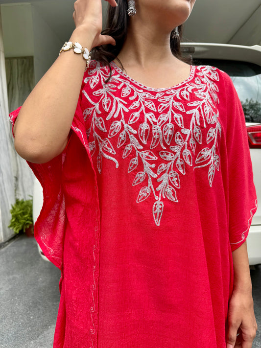 Red Tilla Embroidered Kaftan Set