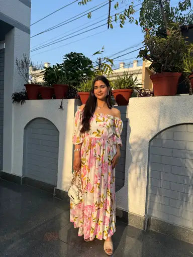 Floral pink off shoulder long dress!