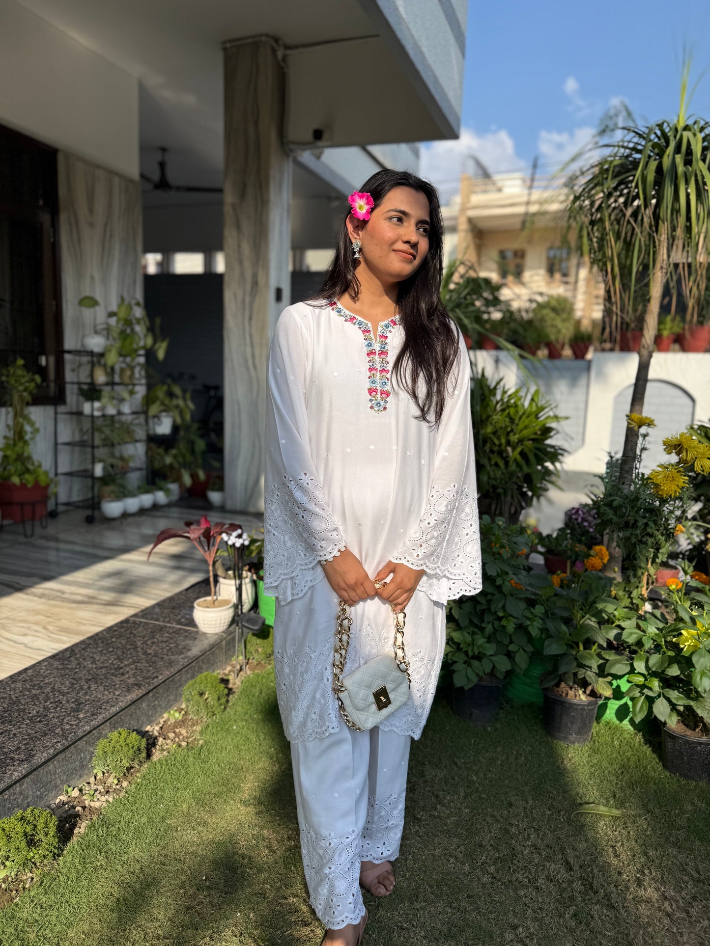 White Chikankari customized co-ord set
