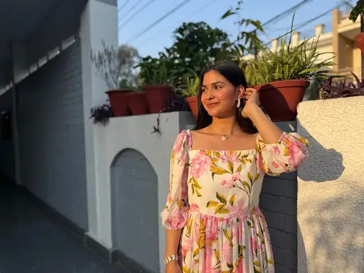 Floral pink off shoulder long dress!