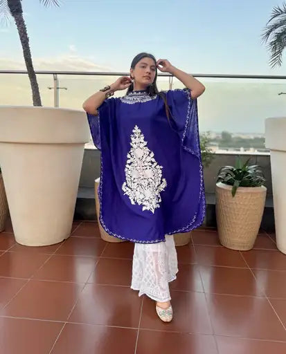 Blue-white high neck Kaftan