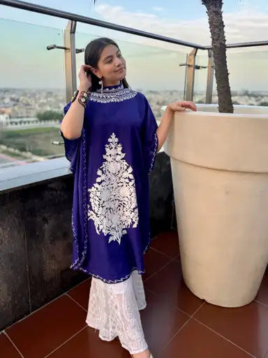 Blue-white high neck Kaftan
