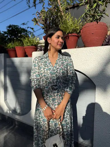 Ivory-floral blazer lapel long dress