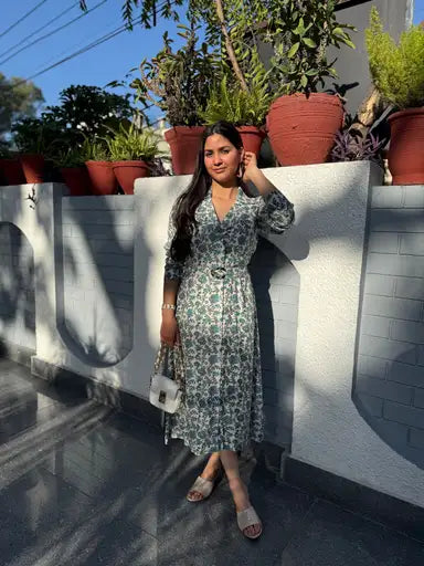 Ivory-floral blazer lapel long dress
