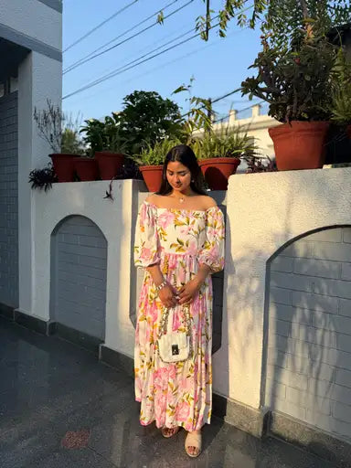 Floral pink off shoulder long dress!